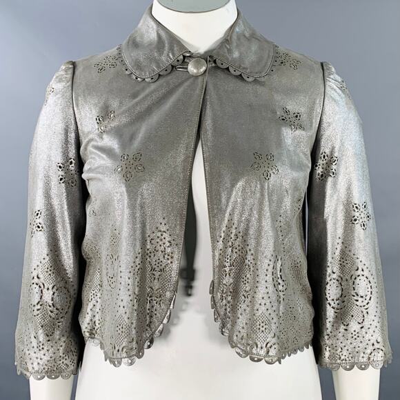 10 Silver Perforated Leather Peter Pan Collar Single Button Jacket Blazer - Picture 1 of 12